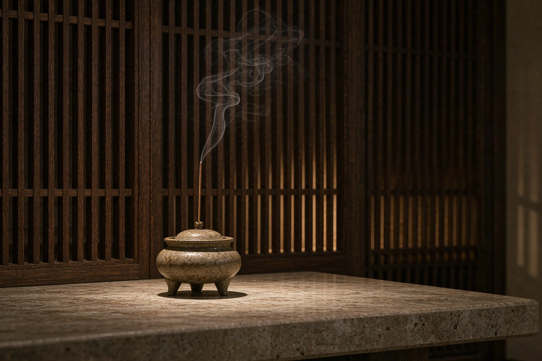 安静的高端茶室一角，石质台面上放着香炉